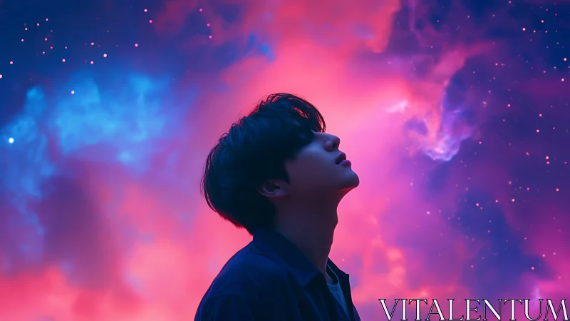 Silhouetted young man under vivid pink and blue nebula sky.