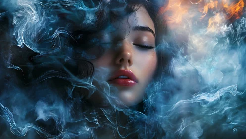 Ethereal portrait in swirling blue smoke and soft fire light.