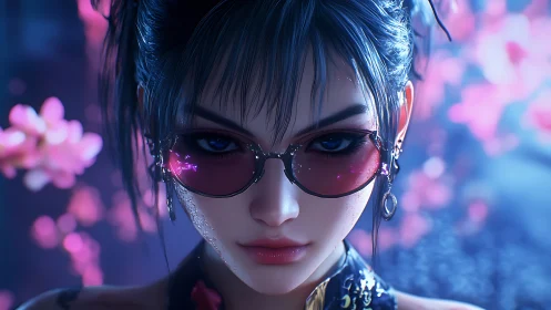 Digital portrait shows woman with tinted glasses in focus