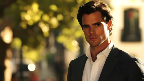 Sunlit city stroll with a thoughtful, suited stranger.