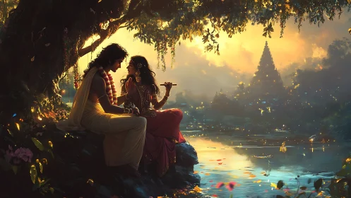 Twilight lovers beside river, temple glowing beyond horizon.
