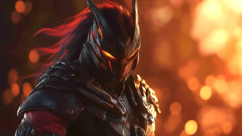 Armored cyber-knight with ember-lit visor in molten dusk.