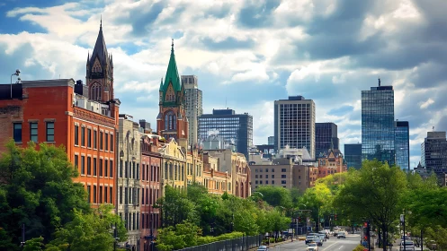 Mixed historic and modern city architecture under clouds.