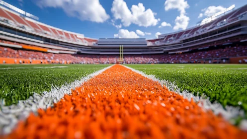 Low-angle gridiron view with vivid orange sideline stripe.