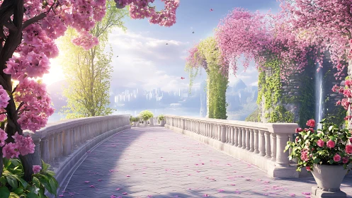 Blossoming terrace overlooks serene waterfalls and city skyline.