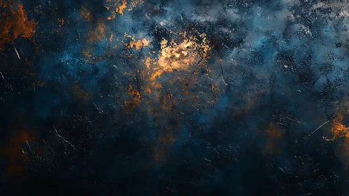 Molten light fractures through deep stormy blue clouds.