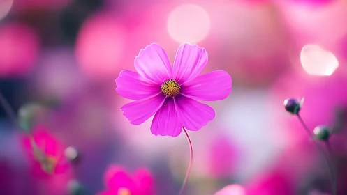 Magenta cosmos flower in soft bokeh garden setting.