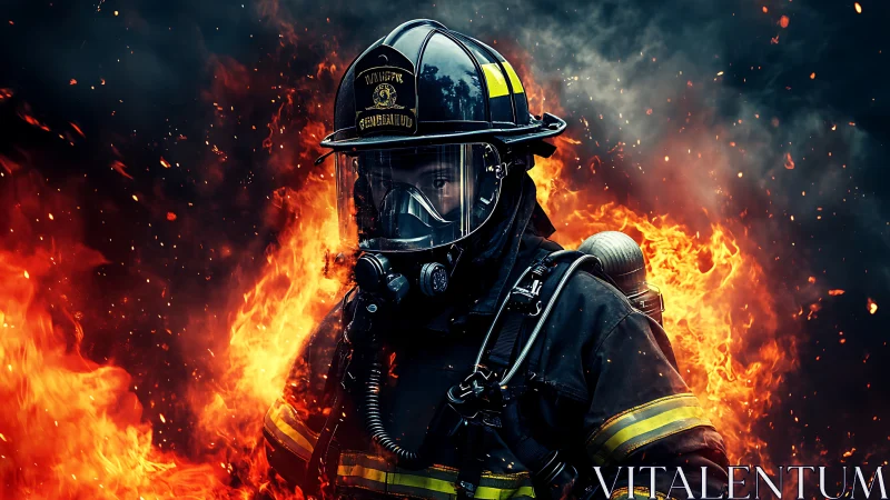 Firefighter Tactical Portrait Against Dramatic Inferno.
