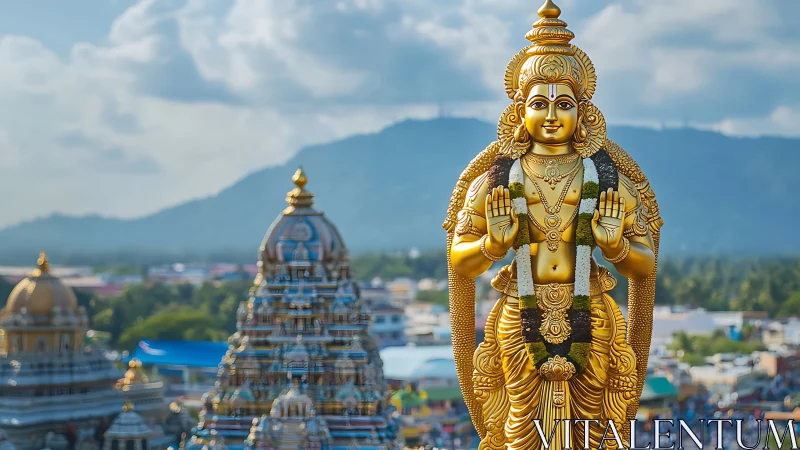 Golden temple deity shining over a peaceful valley town.
