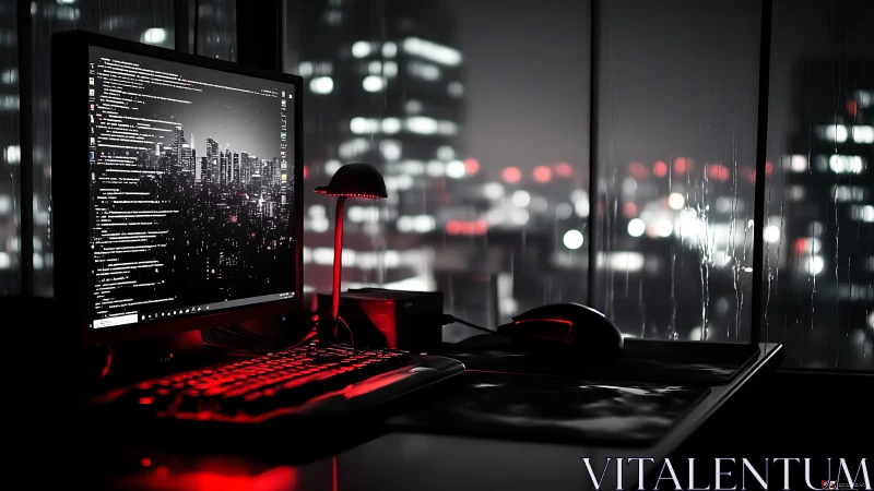 Neon lit coding desk overlooks a rainy cyberpunk city