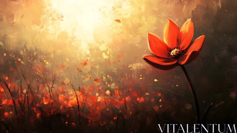Red flower glows against abstract golden sunset field.
