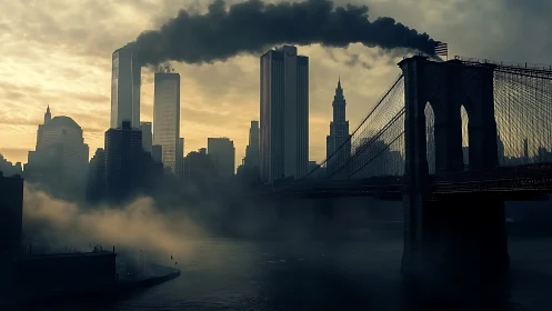 Dark city skyline looms behind bridge in smoky twilight.
