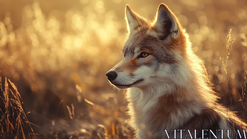 Wild canid profile in sunlit grassland habitat at dusk.