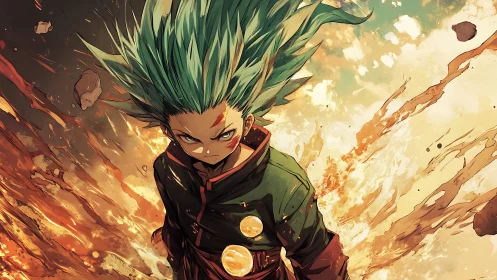 Dynamic anime hero amid explosive radial energy field.