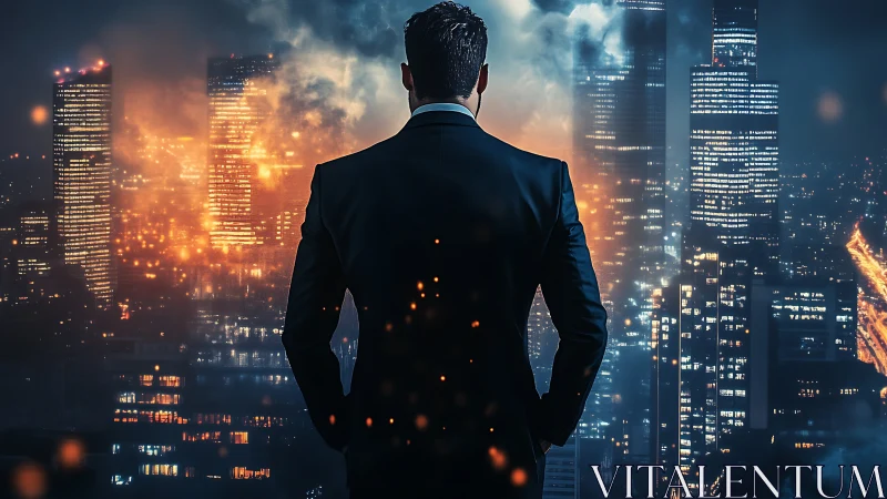 Businessman Overlooking Dystopian Cityscape.