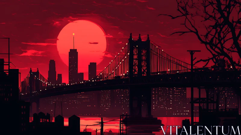 Crimson sunset settles gently over a glowing city bridge