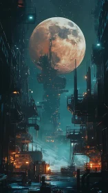 Cyberpunk lunar megastructure corridor with atmospheric depth.
