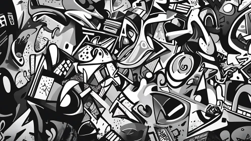 Monochrome geometric graffiti collage with dynamic abstract forms