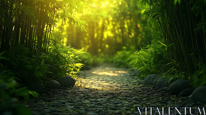 Bamboo Forest Path with Golden Sunlight Through Canopy.