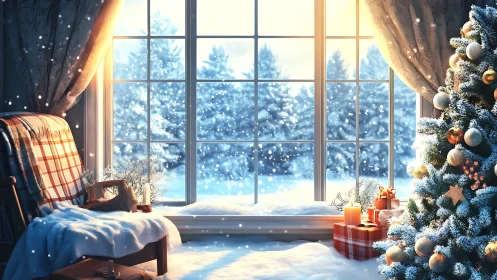 Snowlit window nook with glowing Christmas tree magic.