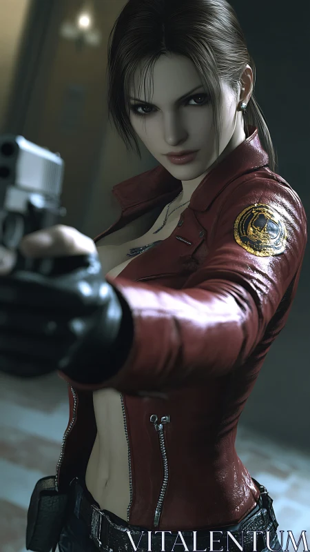Photorealistic heroine aiming handgun in red tactical leather jacket