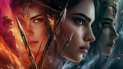 Warrior woman portraits divided by fire, shadow and ice