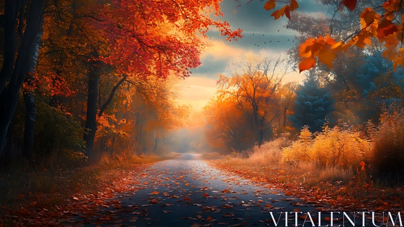 Tree-lined road recedes through dense autumn foliage
