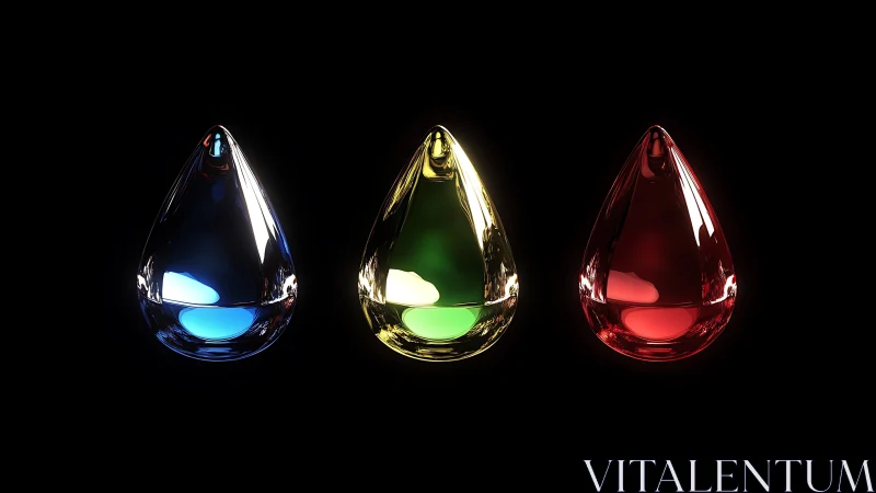 Triadic glass droplets display luminous RGB color cores.