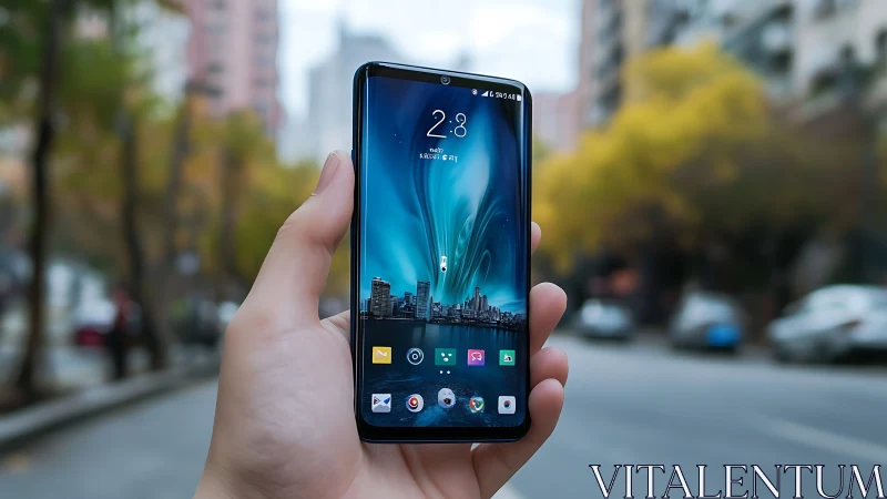 Smartphone displaying urban skyline at 2:28 with app interface.