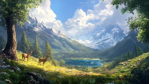 Deer in sunlit alpine valley beside blue mountain lake.