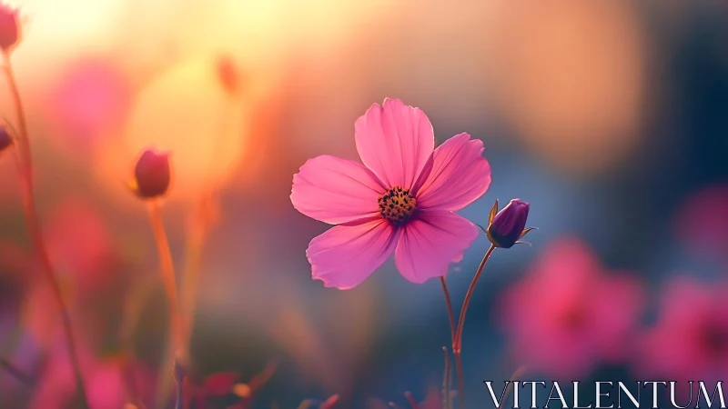 Pink Cosmos Flower Blooming in Golden Sunlight.