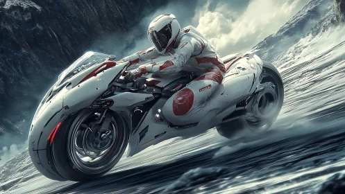 Futuristic motorcycle rider on icy terrain in motion.