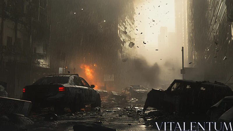 Storm-lit city ruins with drifting embers and broken streets.