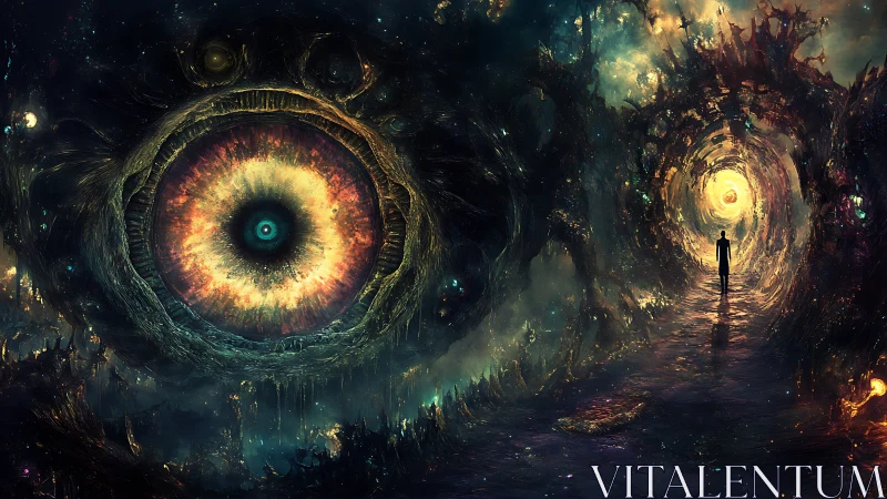 Cosmic abyssal eye watching lone figure in radiant tunnel.