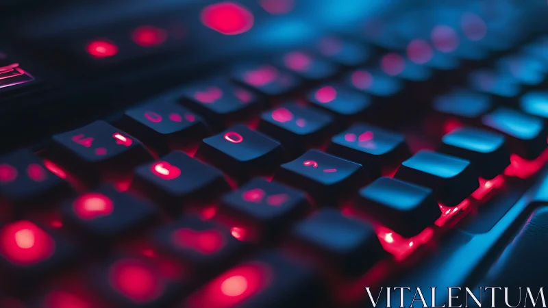 Low-angle macro of RGB mechanical keyboard in neon bokeh glow.
