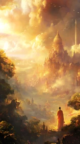 Golden-robed wanderer gazes toward a radiant floating city