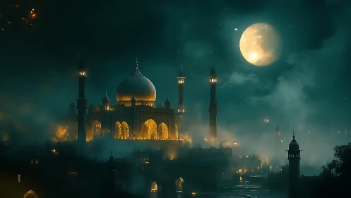 Moonlit golden mosque rising through mystical city fog.