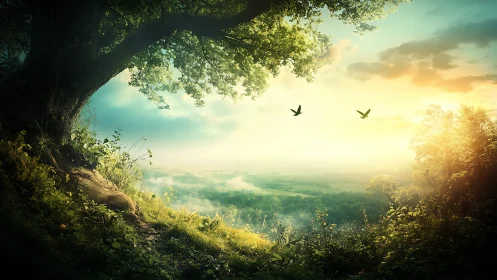 Ancient Cavern Overlook at Golden Hour with Valley Landscape Below