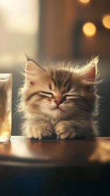 Fluffy Long-haired Kitten with Closed Eyes in Warm Golden Ambient Lighting