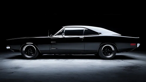 Classic black muscle car rests in dramatic studio shadows