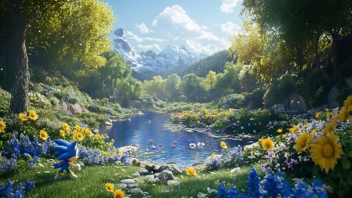 Sonic character moves through richly lit alpine flower valley