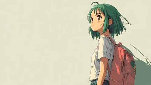 Side-lit anime student with backpack in minimalist frame.