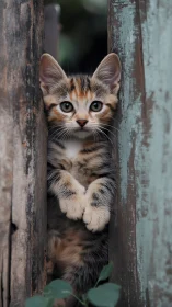 Tabby Kitten Peering Through Weathered Metal Gap.