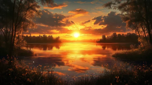 Radiant lake sunset framed by trees in glowing reflection.