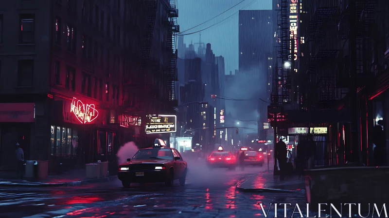 Rainy urban street with taxis, neon signage, and wet pavement.