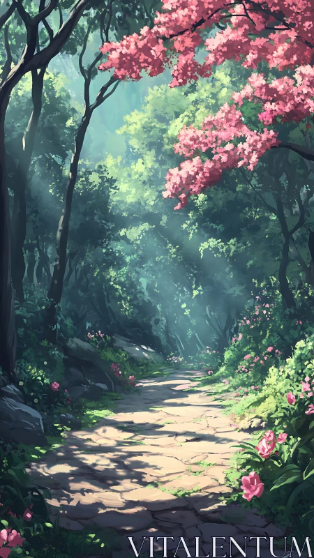 Cherry Blossoms Dance Through Enchanted Forest Pathway.