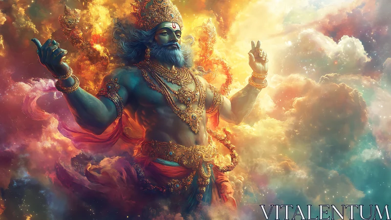 Mythic blue deity in radiant cosmic cloudscape artwork.