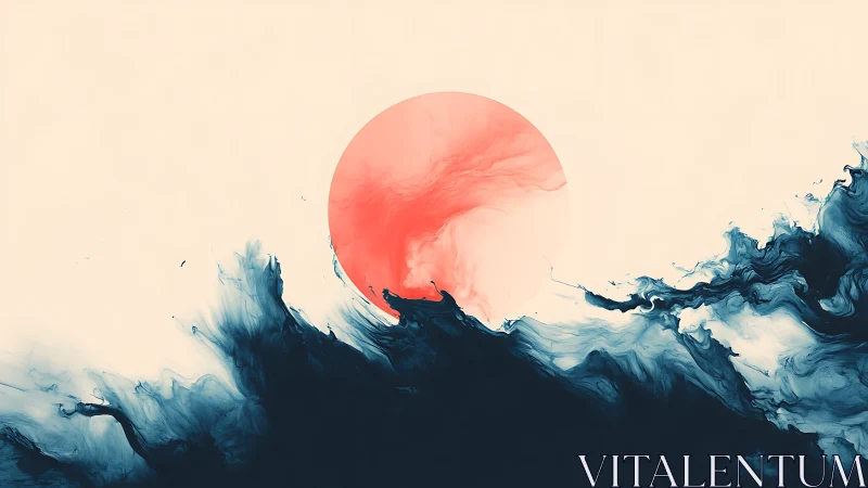 Abstract crimson sun emerging through indigo fluid waves