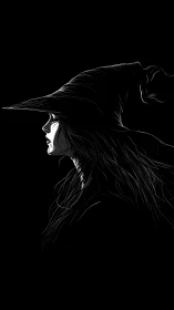 Side profile of witch in tall hat on black background.