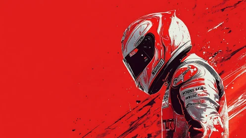 Motorcycle racer profile dominates bold red dynamic field.